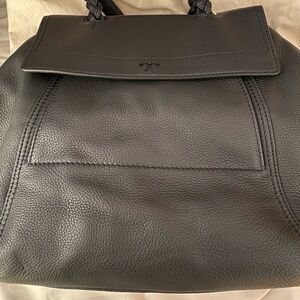 Tory Burch Black Leather Backpack with Flap-Over Closure